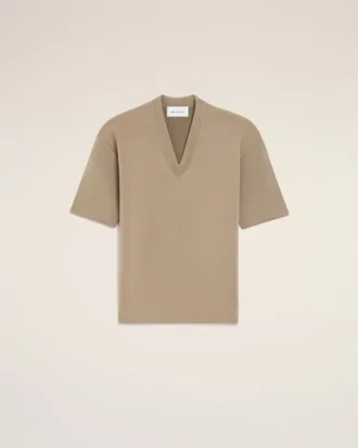 Beige kortärmad tröja i ull med V-ringning