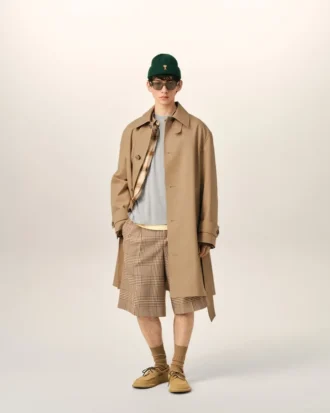 Beige vattenavvisande bomullstwill-mac med bälte