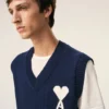 Blå ärmlös Ami de Coeur Sweater i ull och bomull Blå ärmlös Ami de Coeur Sweater i ull och bomull