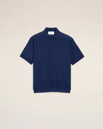 Blå tunn ullpolo med korta ärmar och Ami de Coeur Polo