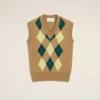 Brun ärmlös tröja i ull och bomull med argyle-intarsia Brun ärmlös tröja i ull och bomull med argyle-intarsia