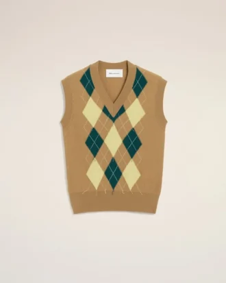 Brun ärmlös tröja i ull och bomull med argyle-intarsia