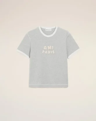 Grå bomullst-shirt med stickad Ami Paris-patch