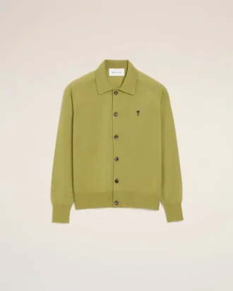 Grön Ami de Coeur Cardigan i ull med skjortkrage